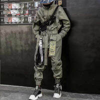 LACIBLE Hip Hop Streetwear Jumpsuits ผู้ชายริบบิ้นปักกางเกงคาร์โก้แขนยาว Rompers Joggers Techwear โดยรวมชุดผู้ชาย...