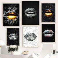 Modern Golden Lips Dollar Money โปสเตอร์พิมพ์ Wall Art - Luxury Art ภาพวาดผ้าใบภาพนามธรรมสำหรับห้องนั่งเล่นตกแต่งบ้าน-งานศิลปะที่มีสไตล์และเก๋ไก๋