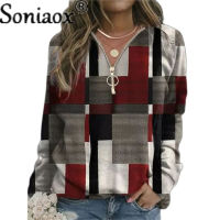 2021 Autumn Women Sweatshirts Loose Casual V Neck Zipper Long Sleeve Plaid Top Pullover Streetwear Ladies Fashion Ladies Hoodies