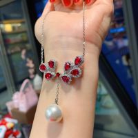 Trendy 14Mm White Gold Big Pearl Emerald Ruby Pendant Necklace For Women Gemstone Anniversary Gift Wedding Party Fine Jewelry