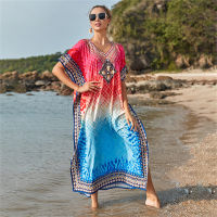 Pareo Beach เสื้อคลุม Cover-Ups เซ็กซี่ผู้หญิงขนาดพิเศษ Boho เดรสชายหาดพิมพ์ลาย Kaftan แยกฤดูร้อนชุดเดรสแม็กซี่ชุดว่ายน้ำ Cover Up