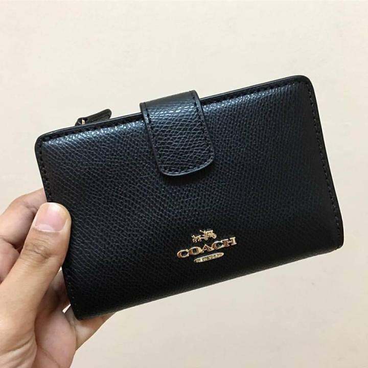 Coach F54010 Medium Corner Zip Black Wallet In Crossgrain Leather