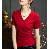 [COD] 2023 new womens short-sleeved t-shirt clothes with irregular slits and slim chic top