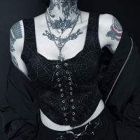 Streetwear Gothic Corset Vest ผู้หญิง Harajuku Grunge Emo Alt Cyberpunk Altgoth Spider Web รูปแบบ Lace Up Crop Tank Tops