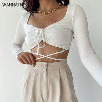 WannaThis ถัก Cropped Tops ผู้หญิง V คอ Lace Up เซ็กซี่แขนยาวเสื้อผู้หญิงเอวผอมฤดูใบไม้ร่วงเสื้อผ้า2021 Chic เสื้อ