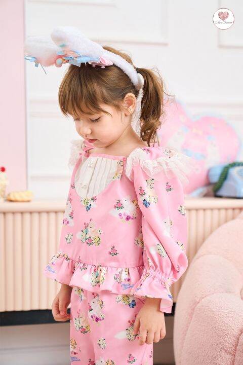 mariadiamond-สีชมพู-kids-goodnight-bunny-pajamas-เด็ก-ผ้าไหมซาตินพิมพ์ลาย-ชุดนอน-เบาสบาย-ระบายอากาศ-ไม่คัน-ไม่ร้อน