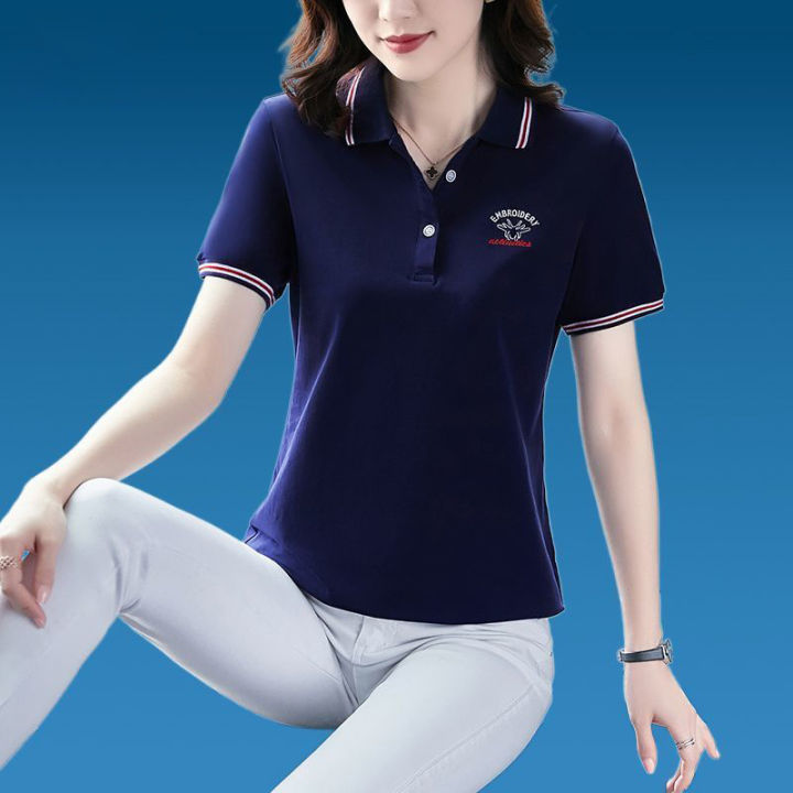 เสื้อโปโลทรงหลวมแขนสั้นคอปกทรงหลวมสำหรับผู้หญิง100กก-เสื้อคอตั้งสไตล์เกาหลีทรงหลวมเสื้อกีฬาพื้นฐานคุณภาพสูงทันสมัย