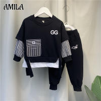 AMILA เสื้อสเวตเตอร์แขนยาวสำหรับเด็กผู้ชาย,เสื้อแขนยาว + กางเกงขายาวชุด2ชิ้น