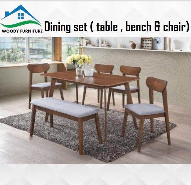 KT furniture Dining table set ( dining table + 4 chair + 1 bench) Lazada