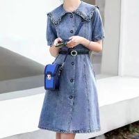 Fast Shipping French Retro Denim Dress Female Summer 2023 New Doll Collar Waist Thinner Medium Long A -Line Skirt