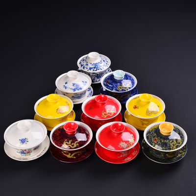 สไตล์จีนทาสีหยกพอร์ซเลนดอกไม้เซรามิก Gaiwan ชุดกาน้ำชา Tureen Sancai ถ้วยชา Puer กาต้มน้ำ300มิลลิลิตร