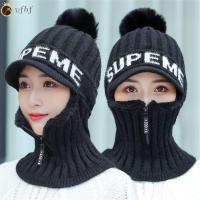 VFBF กลางแจ้ง ฤดูหนาวที่อบอุ่น Windproof หมวกถักไหมพรม ชุดหมวกผ้าพันคอ หมวก Pompoms Beanies Caps