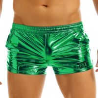 ??Mens Shiny Metallic Boxer Shorts Low Rise Stage Performance Rave Clubwear Costume Males Shorts Trunks Underpants Bottoms