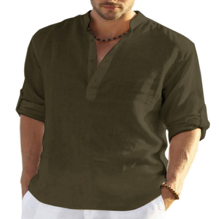บุรุษยุคกลางเสื้อผ้าฝ้ายผ้าลินินเสื้อแขนยาวปุ่มลงชายหาดเสื้อลำลอง-blusa-masculina-หลวม-tops-tee-เครื่องแต่งกาย