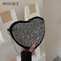 【CW】Fashion Heart Shaped Rhinestone Shoulder Bag Shiny Design Chain Ladies Love Crossbody Handbags Portable Simple Messenger Bags