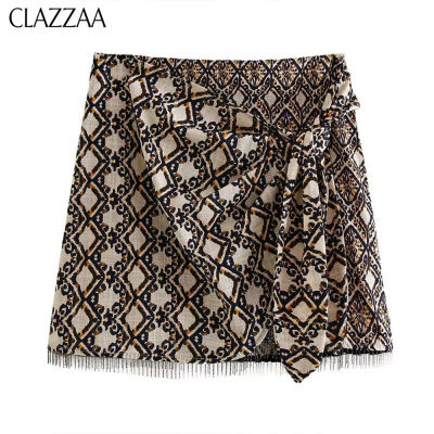 CLAZZAA Women Fashion Printed A-Line Mini Salon Skirt High Waist With Bowknot And Beading Hem Ornament Female Chic Lady Casual Vintage Short Skirt
