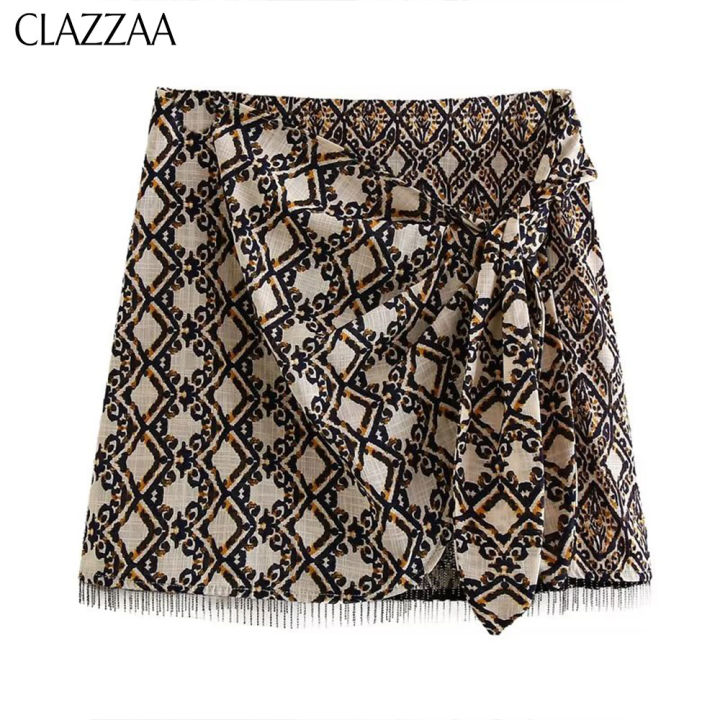 clazzaa-women-fashion-printed-a-line-mini-salon-skirt-high-waist-with-bowknot-and-beading-hem-ornament-female-chic-lady-casual-vintage-short-skirt