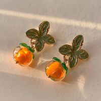 Creative Persimmon Orange Color Flower Leaf Earrings for Women Painting Oil Glazed Glass Cherry Clip on Earrings No Piercing Drawing Painting Supplies