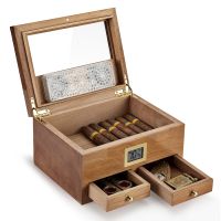 ✓ Cedar Wood Cigar Humidor W/Hygrometer Humidifier 2 Drawers Travel Cigarette Storage Box Portable Cabinet Smoking Case For Cohiba