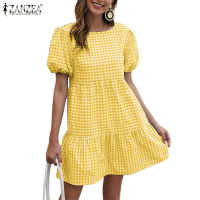 ZANZEA Women Gingham Ruffle Hem Dress