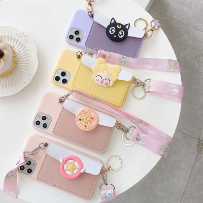 「Enjoy electronic」 Card bag Leather Wallet soft Phone Cases for iPhone 13 12 mini 11 Pro Max X Xr XS 7 8 6 Plus SE 2020 Lanyard Strap Flower Cover