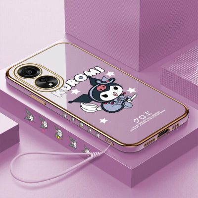 GGK สำหรับ OPPO A78 4G ฟรีสายคล้องลายการ์ตูนน่ารักของเด็กสาว Kuromi เคสขอบสี่เหลี่ยมลวดลายเคสโทรศัพท์ชุบหรูหราเคสโทรศัพท์นิ่ม