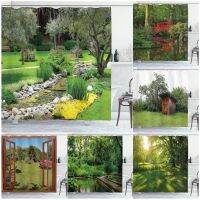 【CW】❉  Garden Shower Curtains Park View Pond Stones and Trees Landscape Print Fabric Set with Hooks