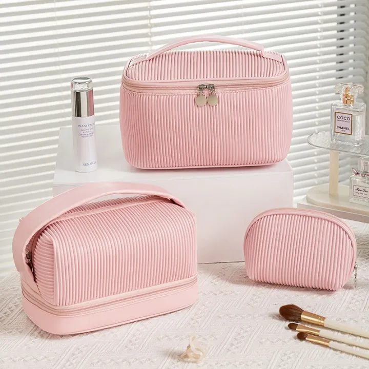 high-end-muji-butter-toast-cosmetic-bag-double-pressed-pleated-wash-bag-large-capacity-light-luxury-handbag-travel-portable-storage-bag