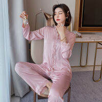 Fiklyc Womens Cardigan V Neck Satin Lace Pajamas Sets Female Leisure Wedding Nightwear Two Pieces Elegant Thin Sleep Suits New