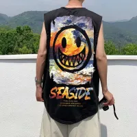 COD Smiley Beach Devil Loose เสื้อกั๊กทุกแบบสไตล์ฮ่องกงเด็กชายอินเทรนด์ Neck เสื้อกั๊ก [ผ้าฝ้ายแท้ พิมพ์เสื้อกั๊ก Casual Street M-8XL] INS Top Round Lazy เสื้อบาสเกตบอล Little