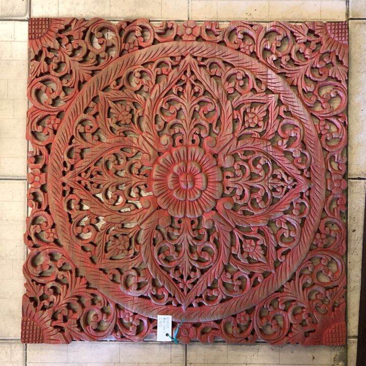 ฝีมือคนไทย-teak-wooden-carved-flower-แผ่นไม้สักแกะสลัก-ขนาด-60-cm-หนา-1-5-cm-ขัดสีโชว์ลายไม้-แผ่นไม้แต่งบ้าน-ทนแดด-ทนฝน-มี-6-แบบ-art-hanging-wall