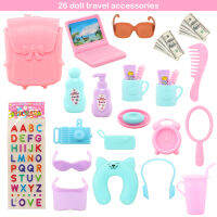 Fashion 32 pcs Dollhouse Furniture 27 Doll Accessories = Suitcase Computer Bubble Sticker Sunglasses 5 Clothes Dress for Barbie