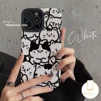 MissConnie เคสโทรศัพท์เข้ากันได้กับ IPhone 14 11 12 13 Pro Max XR 7Plus 11 Pro Max 7 8 Plus X XS MAX เคสหนังหรูหราสีดำสีขาวลายการ์ตูนแมวน่ารักนุ่มกันกระแทก