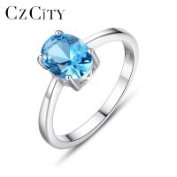 Czcity แหวนเงินแท้925โทแพซสังเคราะห์ลอนดอนสีน้ำเงินสำหรับผู้หญิงแหวนแต่งงานของขวัญสุดหรูสำหรับแหวนประดับคลาสสิก