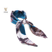 PEDZ  ผ้าพันคอไหมซาตินพรีเมี่ยมพิมพ์ลายเสือ&amp;นกกระเรียนสีน้ำเงิน Blue Tiger&amp;Crane Silk Satin Premium Scarf