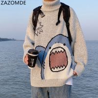 Men Turtlenecks Shark Sweater Men 2022 Winter Patchwor Harajuku Korean Style High Neck Oversized Grey Turtleneck For Men ZT00022