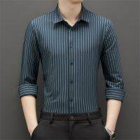 Mens long-sleeved shirts ice silk seamless stripes business casual autumn mens non-iron shirts high elasticity