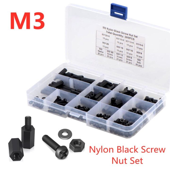 260pcs-black-m3-hex-bolt-nylon-standoff-spacer-column-plastic-spacing-screws-nuts-flat-washer-for-pcb-motherboard-assortment-kit-nails-screws-fastene