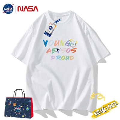 NASA ผ้าฝ้ายแขนสั้นคู่รัก T เสื้อยืดฤดูร้อนผ้าไหมน้ำแข็งครึ่งแขนเสื้อยืดผู้ชายสไตล์ฮ่องกงแฟชั่นผู้ชายพิมพ์ลาย