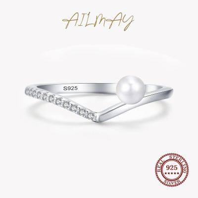 Ailmay Authentic 925 Sterling Silver Elegant Simple Cubic Zirconia amp; Pearl Water Drop Rings For Women Wedding Engagement Jewelry