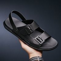 New Men Slippers Genuine Leather Mens Summer Shoes Man Fashion Casual Comfortable Black Flip-Flops Sandals Male Adult Sneakers