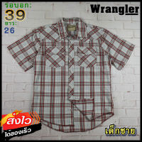 Wrangler®แท้ อก 39 เสื้อเชิ้ตเด็กชาย แรงเลอร์ สีแดง แขนสั้น เนื้อผ้าดี เสื้อวินเทจ