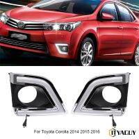 Lampu Jalan LED กลางวัน2ชิ้นสำหรับ Toyota Corolla 2014 2015 2016ฝาครอบไฟตัดหมอก LED พร้อมสัญญาณไฟเลี้ยวสีเหลืองสีน้ำเงินเข้ม