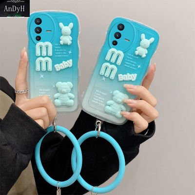 AnDyH New Design For Vivo V25 Pro 5G Case 3D Cute Bear+Solid Color Bracelet Fashion Premium Gradient Soft Phone Case Silicone Shockproof Casing Protective Back Cover
