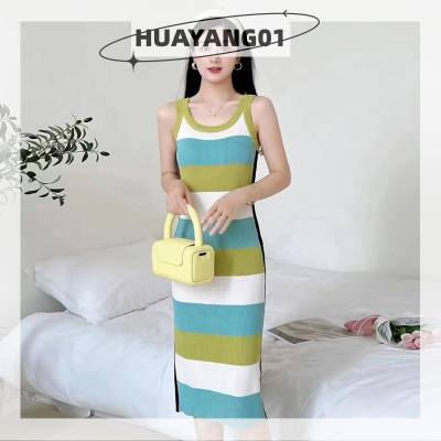 HUAYANG01 [2023 new HOT FASHION] lazlook เดรสมิดิรัดรูปลายทางแขนกุดไร้สายสีตัดกันสำหรับผู้หญิง