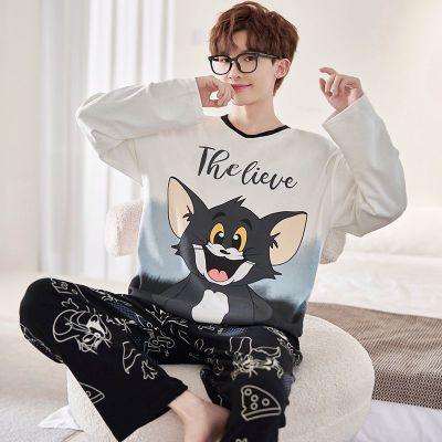 MUJI High quality new pajamas mens spring and autumn cartoon cotton long-sleeved youth high school students can wear home clothes set
