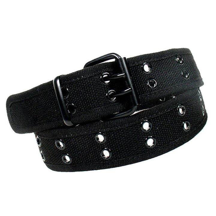 2x-new-canvas-web-belt-two-hole-grommets-black-metal-roller-buckle-men-women-black