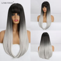 LOUIS FERRE Long Straight Synthetic Wigs with Bangs Ombre Black White Wigs for Black Women Afro Heat Resistant Fiber Fake Hair