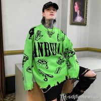 【hot】✳❃♟  Ripped Hole Punk Hip Hop Sweater Men Color Oversized Pullover Korean Graffiti Jersey Hombre