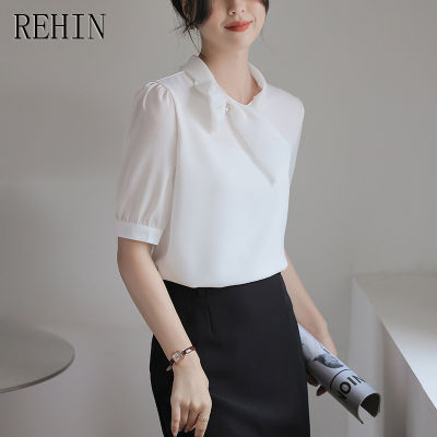 REHIN เสื้อผู้หญิงแขนสั้นหลวมสไตล์นางฟ้าฝรั่งเศสอินเทรนด์2023ฤดูร้อนใหม่เสื้ออเนกประสงค์มีโบว์ผีเสื้อ